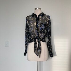 100% Silk Sheer Tie Front Blouse Button Down Shirt Flower Print